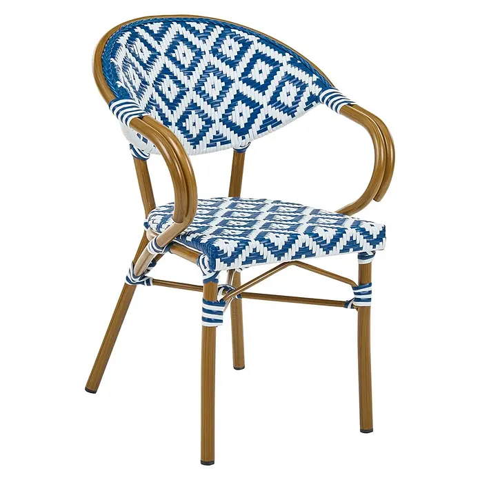 4er-Set Gartenstuhl CASPRI in Weiß/Blau/Braun -  - Blauer und weißer geflochtener Bistrostuhl mit gebogenem Holz-Look-Rahmen und gestreiften Akzenten.