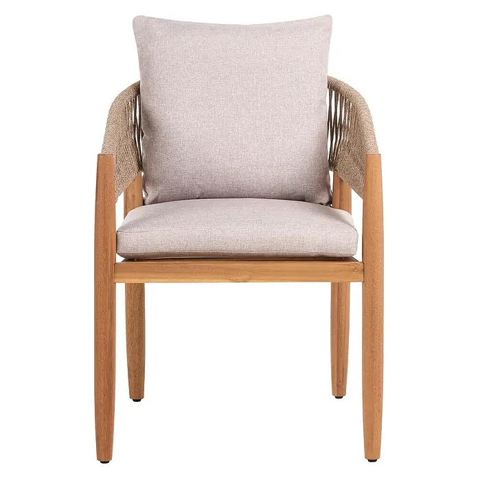 Beliani Gartenstuhl-Set MARZAMEMI - 2 Stk., Akazienholz, Braun, B x T x H: 59 x 53 x 87 cm - Holzstuhl mit geflochtenen Armlehnen und hellbeigen Kissen.