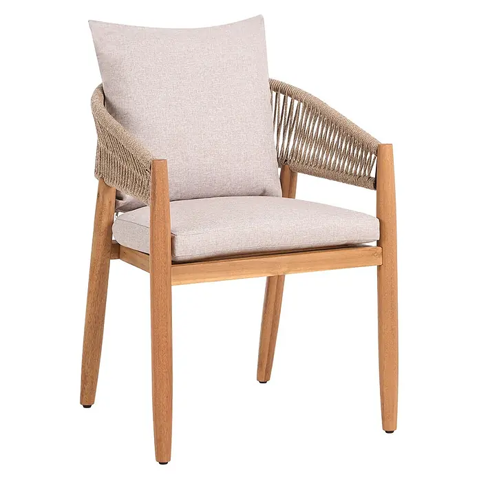 Beliani Gartenstuhl-Set MARZAMEMI - 2 Stk., Akazienholz, Braun, B x T x H: 59 x 53 x 87 cm - Gartenstuhl mit hellem Holzrahmen, geflochtenen Seilarmlehnen und hellbeigen Stoffkissen.