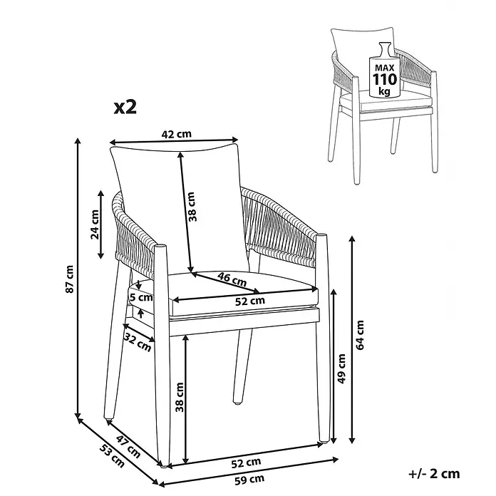 Beliani Gartenstuhl-Set MARZAMEMI - 2 Stk., Akazienholz, Braun, B x T x H: 59 x 53 x 87 cm - Holzsessel mit geflochtener Rückenlehne/Armlehnen, Kissen, Maßen und max. 110 kg Belastung. Als Paar verkauft.