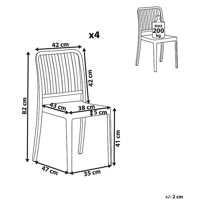 4er-Set Gartenstuhl SERSALE in Schwarz -  - Illustration eines Stuhls: 82 cm Gesamthöhe, 41 cm Sitzhöhe, Sitzfläche 43x38 cm. Max. 200 kg Belastbarkeit, 4er-Pack.