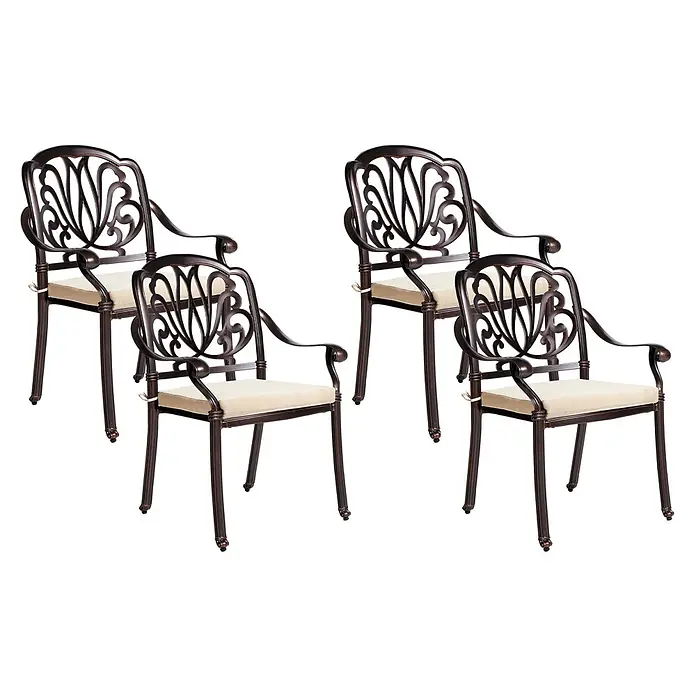 8er-Set Gartenstuhl ANCONA in Braun/Beige -  - Vier verzierte dunkelbronzene Gartenstühle mit Rankenmuster-Rückenlehnen und cremefarbenen Sitzkissen.