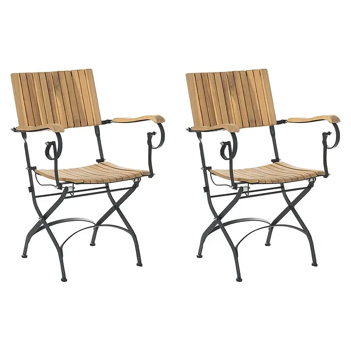 2er-Set Gartenstuhl LASCARI in Braun/Schwarz -  - Zwei Klappstühle aus hellem Holz und schwarzem Metall mit Armlehnen.