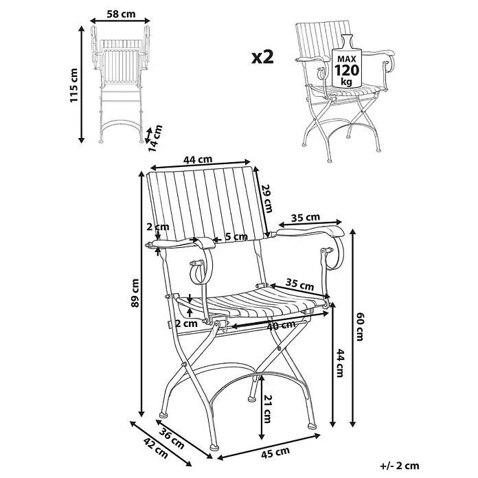 2er-Set Gartenstuhl LASCARI in Braun/Schwarz -  - Klappbarer Gartenstuhl mit detaillierten Maßen für Nutzung und Lagerung im zusammengeklappten Zustand, zeigt max. Belastung von 120 kg.