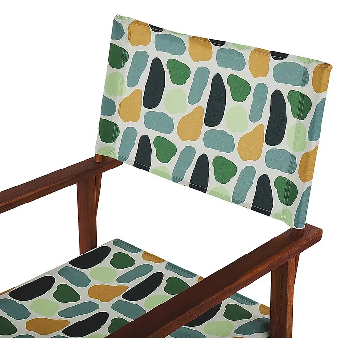 6er-Set Gartenstuhl CINE in Bunt/Grün/Orange -  - Regiestuhl mit dunklem Holzrahmen und abstraktem Kieselsteinmusterstoff in Grün, Blau und Gelb-Orange.