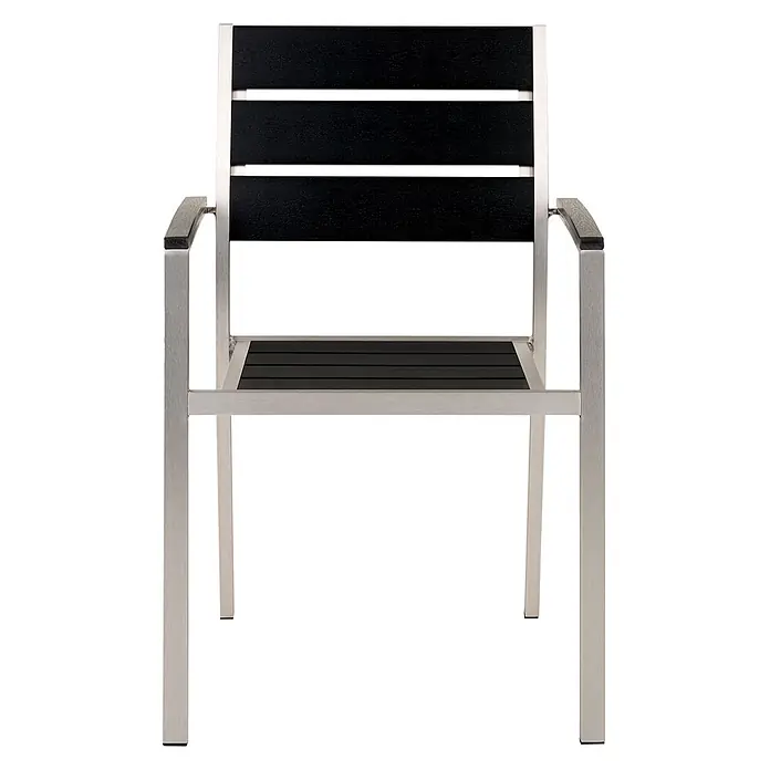 Beliani Gartenstuhl-Set VERNIO - 6 Stk., Kunstholz, Stapelbar, Schwarz, B x T x H: 54 x 57 x 88 cm - Moderner Outdoor-Stuhl mit gebürstetem Metallrahmen und schwarzer Lamellen-Sitzfläche und Rückenlehne.
