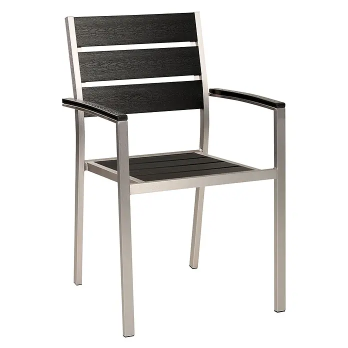 Beliani Gartenstuhl-Set VERNIO - 6 Stk., Kunstholz, Stapelbar, Schwarz, B x T x H: 54 x 57 x 88 cm - Silberner Gartenstuhl mit dunkler Lattenlehne und Sitzfläche.