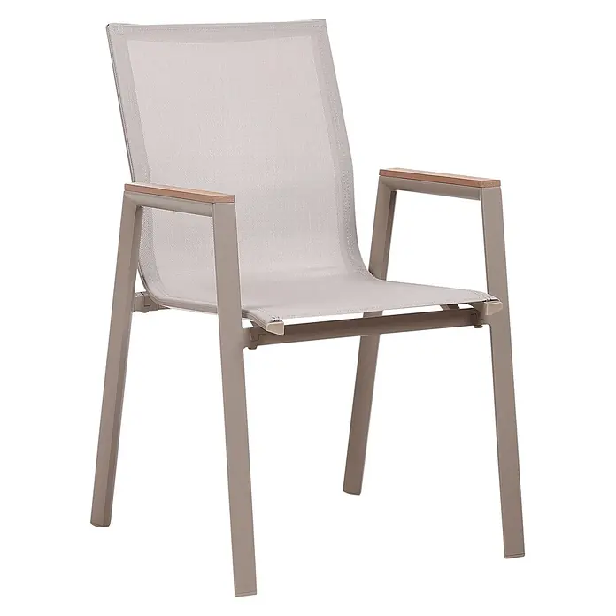 4er-Set Gartenstuhl TIANO in Braun/Grau -  - Moderner hellgrauer Metall-Sessel mit Netzgewebe-Sitz und -Rückenlehne sowie Holzarmlehnen.