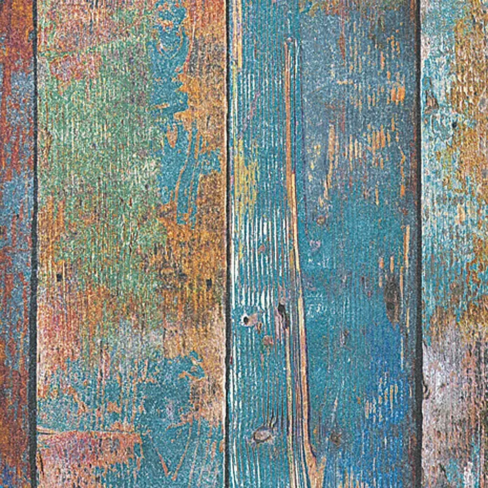 A.S. Création Vliestapete HolzbrettBunt, Holzoptik, 10,05 x 0,53 m - Mehrfarbige Holzpaneele mit Used-Look. Das Produkt zeigt eine rustikale Holzoberfläche mit blauen, braunen und grünen Farbtönen.