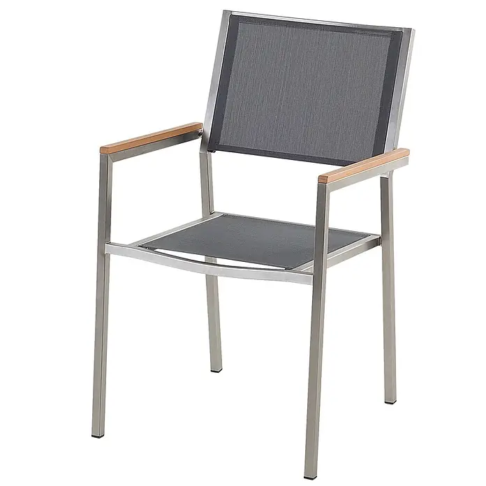 6er-Set Gartenstuhl GROSSETO in Grau/Silber/Braun -  - Outdoor-Sessel mit silbernem Metallrahmen, dunkelgrauer Netzbespannung und Holzarmlehnen.