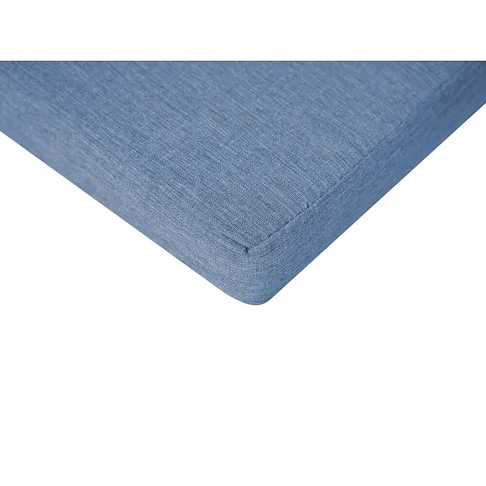 Beliani Gartenstuhl-Set SASSARI PREMIUM - 4 Stk., zertifiziertes Akazienholz, Braun, B x T x H: 54 x 59 x 80 cm - Eine blaue, texturierte Stoffkissen-Ecke.