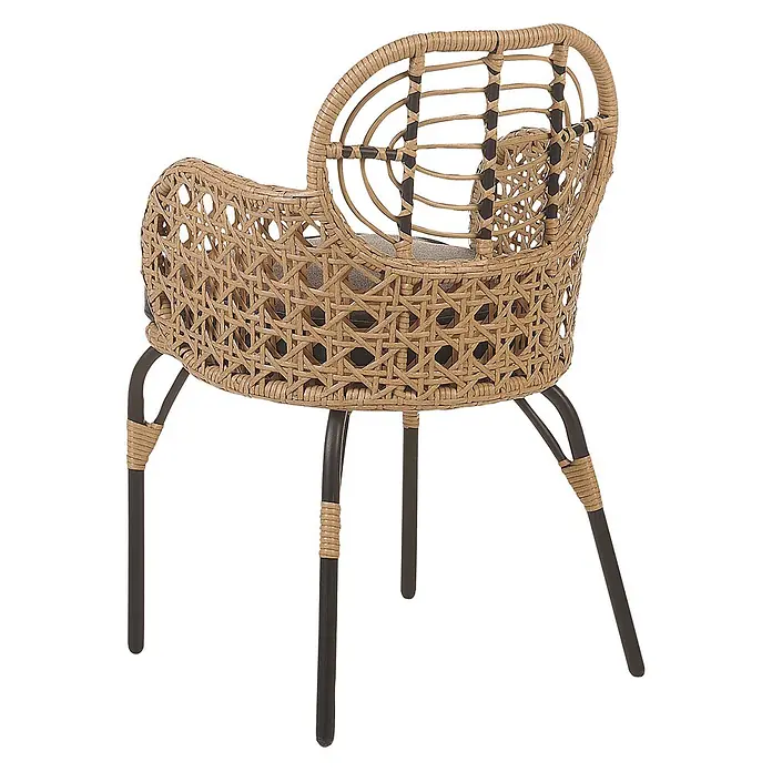 4er-Set Gartenstuhl PRATELLO in Naturfarben/Beige/Grau -  - Geflochtener Rattanstuhl mit naturbraunem Geflecht, dunklen Metallbeinen und dunklen Akzenten.