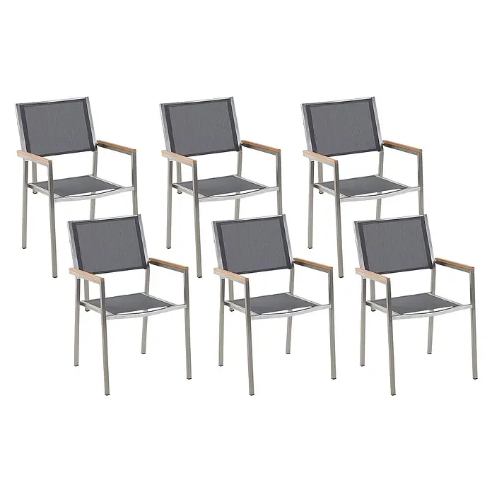 6er-Set Gartenstuhl GROSSETO in Grau/Silber/Braun -  - Sechs moderne Outdoor-Stühle mit silbernem Metallrahmen, Holzarmlehnen und dunkelgrauen Netzsitzen/Rückenlehnen.