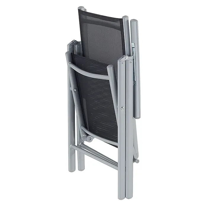 6er-Set Gartenstuhl CATANIA in Schwarz/Silber -  - Zusammengeklappter Klappstuhl aus grauem Metall und schwarzem Netzgewebe, platzsparend.