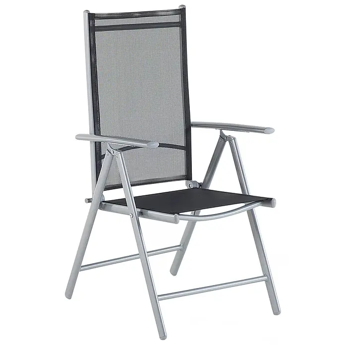 6er-Set Gartenstuhl CATANIA in Schwarz/Silber -  - Klappstuhl mit silbernem Rahmen und schwarzem Netzrücken und -sitz, für den Außenbereich geeignet.