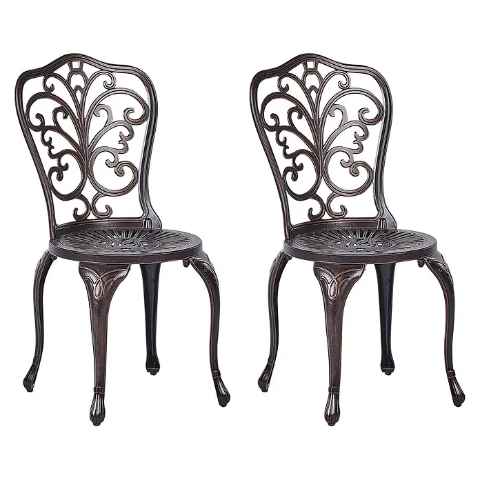Beliani Gartenstuhl-Set TRIORA - 2 Stk., Aluminium, Braun, B x T x H: 50 x 50 x 88 cm - Zwei passende bronzefarbene Gussmetallstühle mit verschnörkelten Rückenlehnen und Beinen.