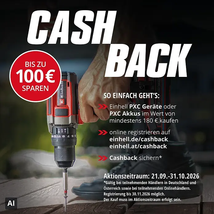 Einhell PXC 18V Akku-Kettensäge GE-LC 18/25 Li - 18 V, Li-Ionen, Ohne Akku, Schwertlänge: 25 cm - Eine Person verwendet einen rot-schwarzen Einhell Akku-Bohrschrauber, um eine Schraube in eine Holzoberfläche zu bohren.