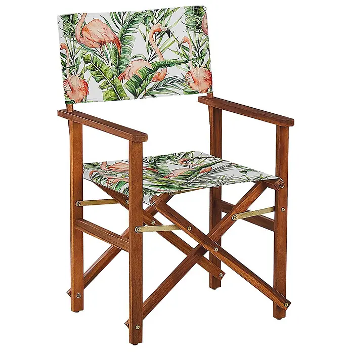 6er-Set Gartenstuhl CINE in Grün/Weiß/Rosa -  - Hölzerner Regiestuhl mit tropischem Flamingo- und Palmenblatt-Print auf Sitzfläche und Rückenlehne.