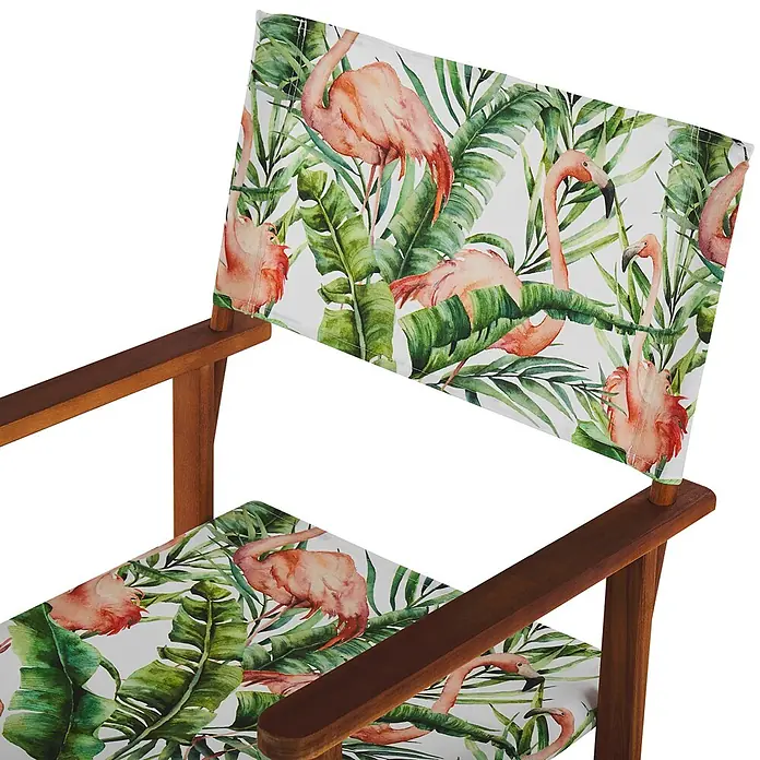 6er-Set Gartenstuhl CINE in Grün/Weiß/Rosa -  - Holz-Regiestuhl mit weißem Stoffbezug, verziert mit pinken Flamingos und grünen Tropenblättern.