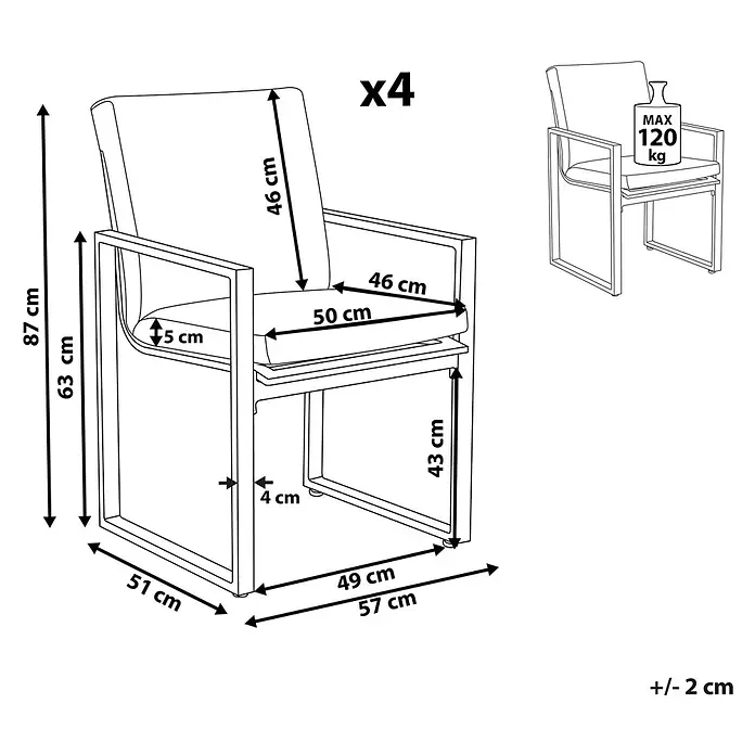 4er-Set Gartenstuhl PANCOLE in Grau/Weiß -  - Technische Zeichnung eines Stuhls mit Armlehnen, Maße und 120kg Tragfähigkeit. 4er-Set, Gesamthöhe 87cm.