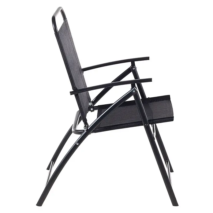 6er-Set Gartenstuhl LIVO in Schwarz -  - Schwarzer Klappstuhl mit Metallrahmen und Netzstoff-Sitz/Rückenlehne, seitlich gesehen.