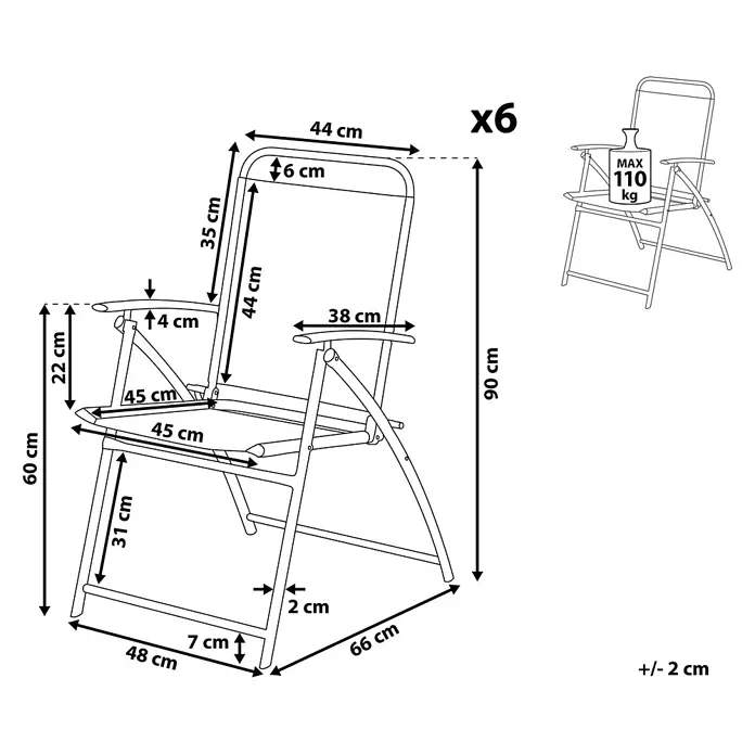 6er-Set Gartenstuhl LIVO in Schwarz -  - Faltstuhl-Diagramm mit Maßen: Gesamthöhe 90cm, Sitzhöhe 60cm, Sitzfläche 45x45cm. Max. Belastung 110kg. Erhältlich im 6er-Pack.