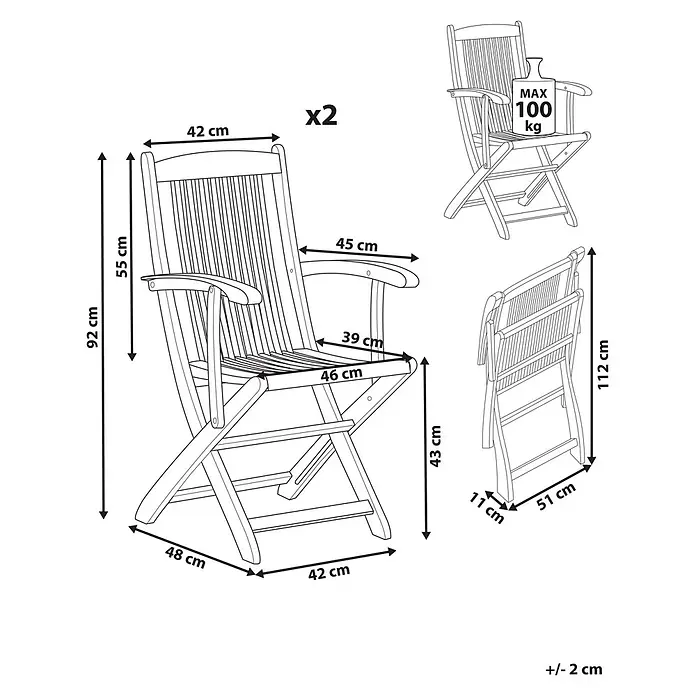 2er-Set Gartenstuhl MAUI II in Braun -  - Zwei klappbare Gartenstühle aus Holz, offen mit Maßen und zusammengeklappt zur Lagerung dargestellt.