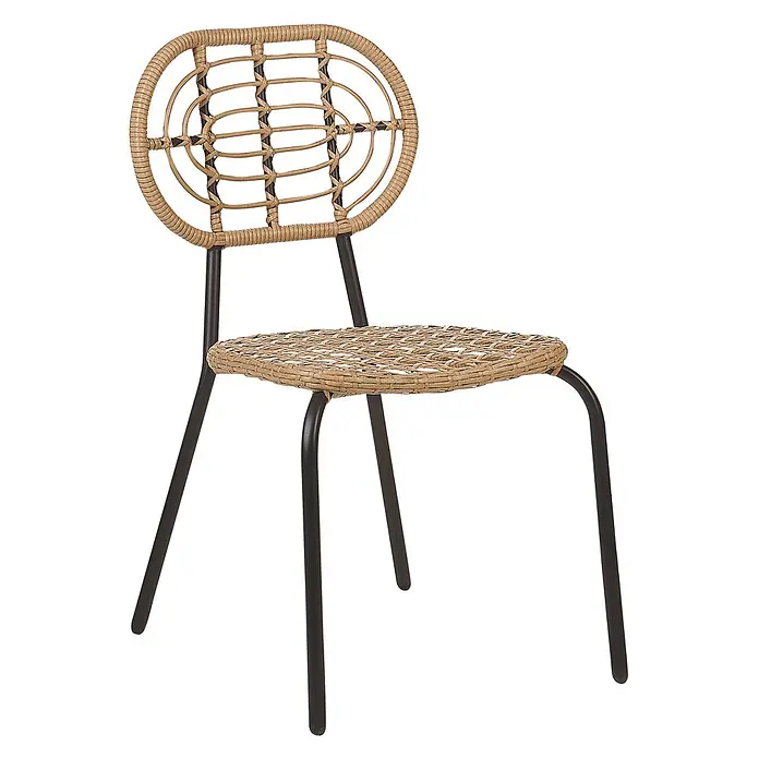 4er-Set Gartenstuhl PRATELLO in Naturfarben/Beige/Schwarz -  - Stuhl mit schwarzen Metallbeinen und einer natürlichen geflochtenen Sitzfläche und ovalen Rückenlehne.