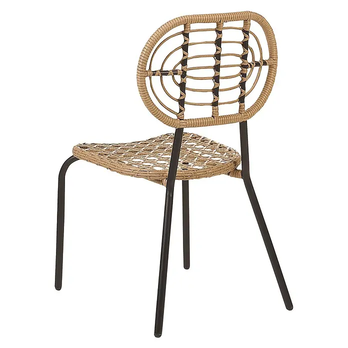 4er-Set Gartenstuhl PRATELLO in Naturfarben/Beige/Schwarz -  - Stuhl mit natürlicher Rattan-Sitzfläche und -Rückenlehne und dunklem Metallgestell.