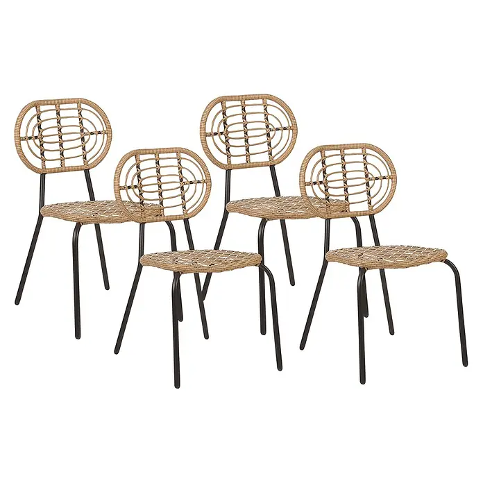 4er-Set Gartenstuhl PRATELLO in Naturfarben/Beige/Schwarz -  - Set aus geflochtenen beigefarbenen Rattan-Stühlen und Hockern mit schwarzen Metallbeinen.