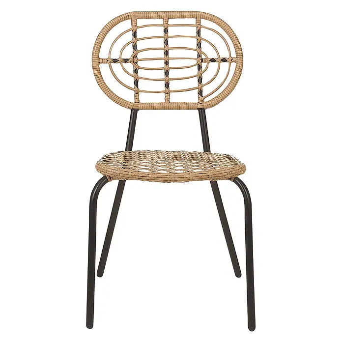 4er-Set Gartenstuhl PRATELLO in Naturfarben/Beige/Schwarz -  - Rattanstuhl mit ovaler Rückenlehne und runder Sitzfläche auf dunklen Metallbeinen.