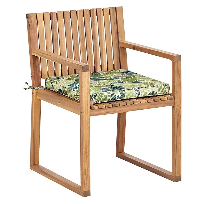 Beliani Gartenstuhl-Set SASSARI II - 8 Stk., zertifiziertes Akazienholz, Braun, B x T x H: 54 x 59 x 80 cm - Holz-Sessel mit Armlehnen und grünem tropischem Blattmuster-Kissen.