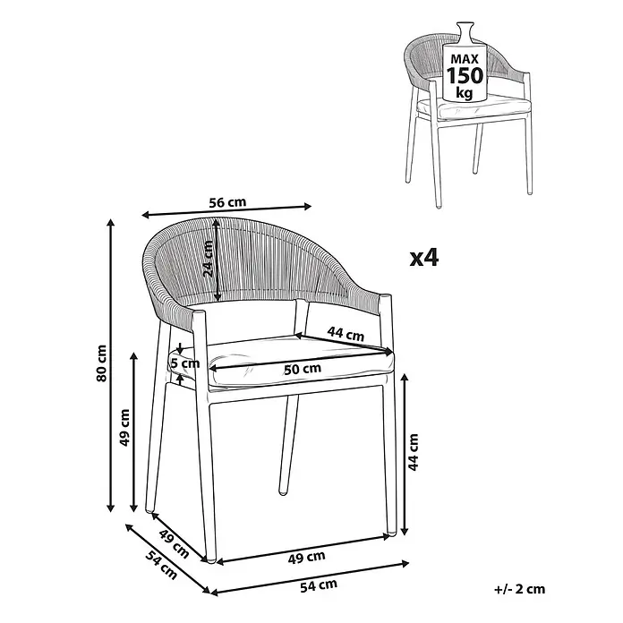 Beliani Gartenstuhl-Set ORMEA - 4 Stk., Aluminium, Grün, B x T x H: 56 x 54 x 80 cm - Rattanstuhl in Flechtoptik mit weißem Kissen, Maßen und 150kg Tragkraft. 4er-Set.