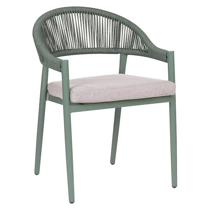 Beliani Gartenstuhl-Set ORMEA - 4 Stk., Aluminium, Grün, B x T x H: 56 x 54 x 80 cm - Grüner Metall-Outdoor-Stuhl mit geflochtener Rückenlehne und Armlehnen, mit hellgrauem Kissen.