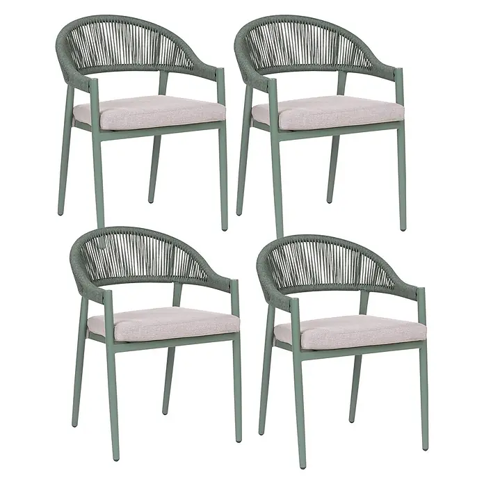 Beliani Gartenstuhl-Set ORMEA - 4 Stk., Aluminium, Grün, B x T x H: 56 x 54 x 80 cm - Vier grüne Sessel mit geflochtenen Seillehnen und hellen Sitzkissen.