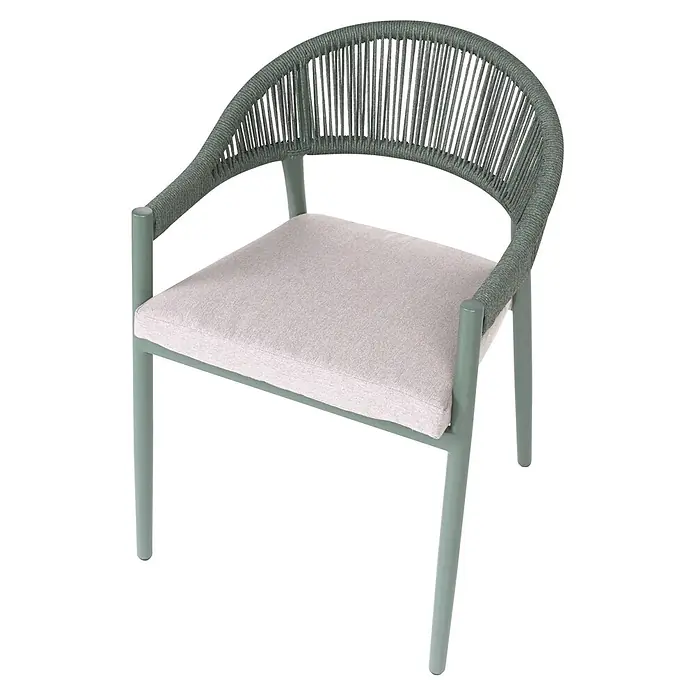 Beliani Gartenstuhl-Set ORMEA - 4 Stk., Aluminium, Grün, B x T x H: 56 x 54 x 80 cm - Grüner Metallstuhl mit geflochtener Rückenlehne und Armlehnen, und einem hellgrauen Kissen.