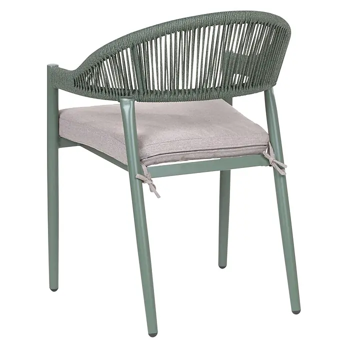 Beliani Gartenstuhl-Set ORMEA - 4 Stk., Aluminium, Grün, B x T x H: 56 x 54 x 80 cm - Grüner Metallstuhl mit geflochtener Rückenlehne und Armlehnen, mit einem hellbeigen Sitzkissen am Gestell befestigt.