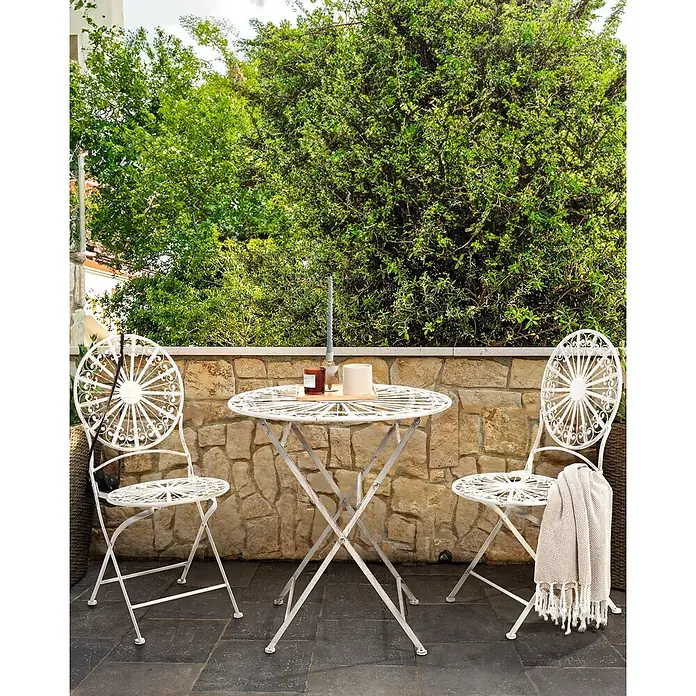 2er-Set Gartenstuhl SCAFA in Weiß -  - Weißes Metall-Bistro-Set mit filigranen Verzierungen, ideal für Terrasse oder Balkon.