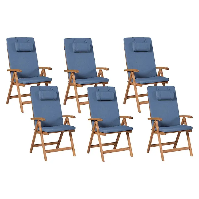 Gartenstuhl 6er Set mit Auflagen Hellbraun u. Blau Akazienholz Verstellbar Klappbar UV-Beständig Rustikal Landhaus Stil Balkon Terrasse Möbel -  - Sechs hölzerne Gartenliegen mit blauen Stoffpolstern und verstellbaren Kopfstützen.