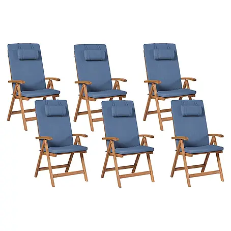Gartenstuhl 6er Set mit Auflagen Hellbraun u. Blau Akazienholz Verstellbar Klappbar UV-Beständig Rustikal Landhaus Stil Balkon Terrasse Möbel