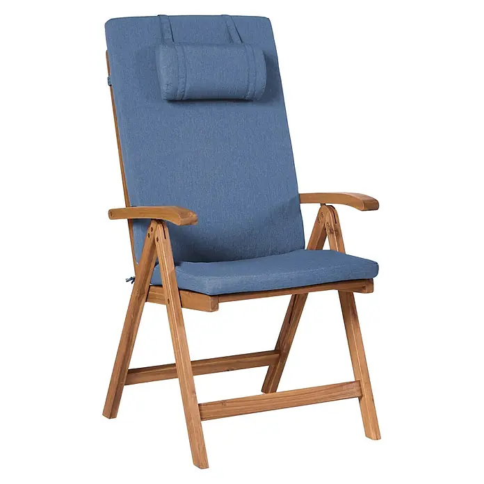 Gartenstuhl 6er Set mit Auflagen Hellbraun u. Blau Akazienholz Verstellbar Klappbar UV-Beständig Rustikal Landhaus Stil Balkon Terrasse Möbel -  - Klappbarer Holzstuhl mit blauer Stoffpolsterung und Nackenkissen.