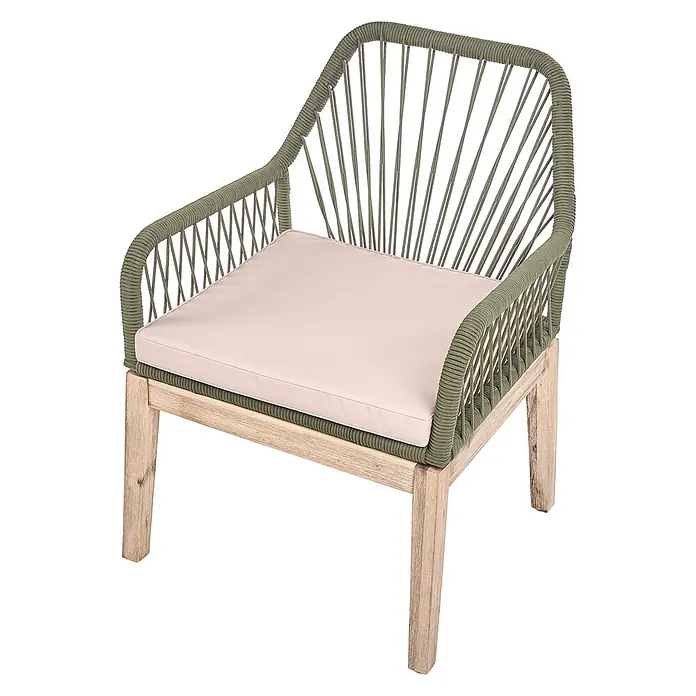 Beliani Gartenstuhl-Set OLBIA - 2 Stk., Akazienholz, Grün, B x T x H: 64 x 71 x 89 cm - Gartenarmstuhl mit hellem Holzrahmen, olivgrünem geflochtenem Seil und hellrosafarbenem Kissen.