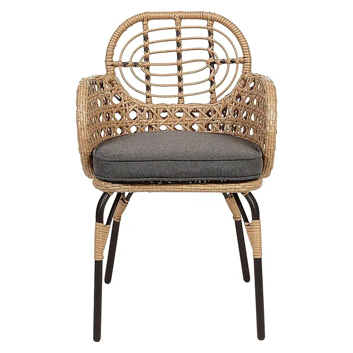 8er-Set Gartenstuhl PRATELLO in Naturfarben/Beige/Grau -  - Geflochtener Rattansessel mit dunkelgrauem Kissen und schwarzen Metallbeinen, teilweise mit Rattan umwickelt.