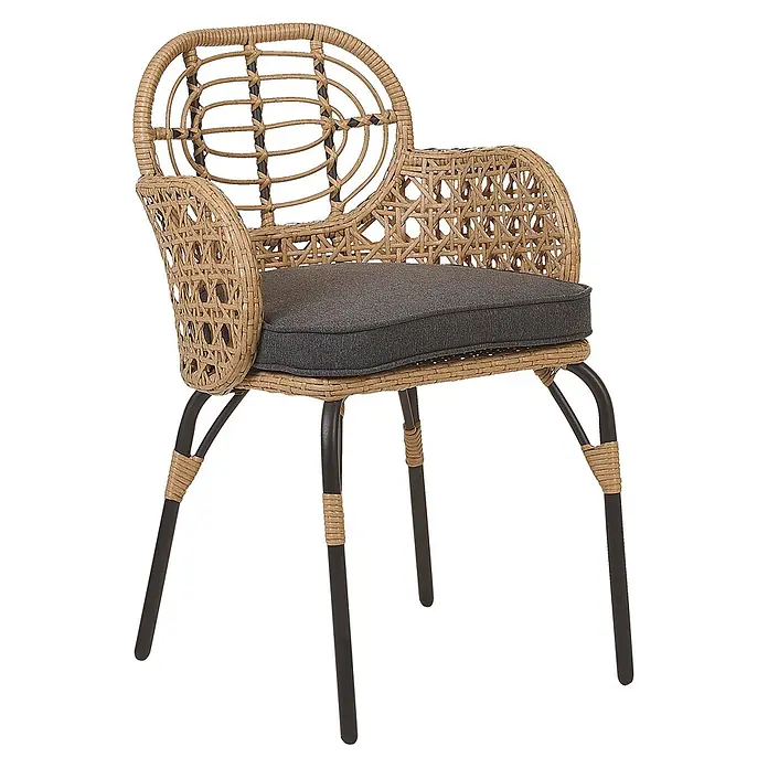 8er-Set Gartenstuhl PRATELLO in Naturfarben/Beige/Grau -  - Sessel in Rattan-Optik mit dunkelgrauem Kissen und dunklen Metallbeinen, teilweise im gleichen Material umwickelt.