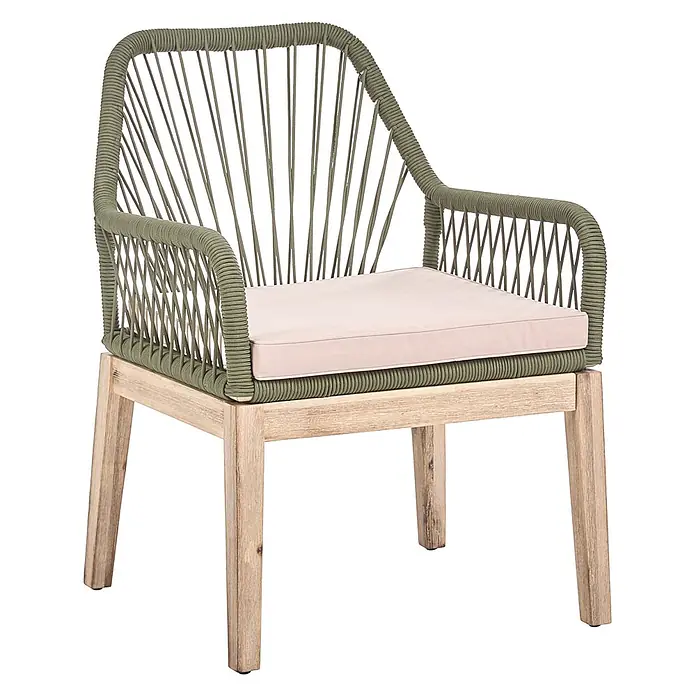 Beliani Gartenstuhl-Set OLBIA - 2 Stk., Akazienholz, Grün, B x T x H: 64 x 71 x 89 cm - Grüner Seil-Sessel mit hellrosa Kissen und hellen Holzbeinen.