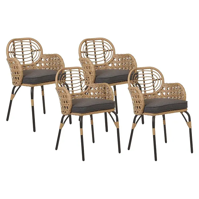 8er-Set Gartenstuhl PRATELLO in Naturfarben/Beige/Grau -  - Vier braune Korbstühle mit dunklen Metallbeinen und grauen Kissen.