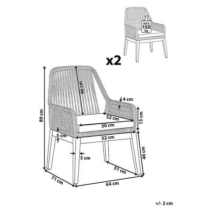 Beliani Gartenstuhl-Set OLBIA - 2 Stk., Akazienholz, Grün, B x T x H: 64 x 71 x 89 cm - Zwei geflochtene Stühle mit Holzbeinen, detaillierten Maßen und einer maximalen Tragkraft von 150 kg pro Stuhl.