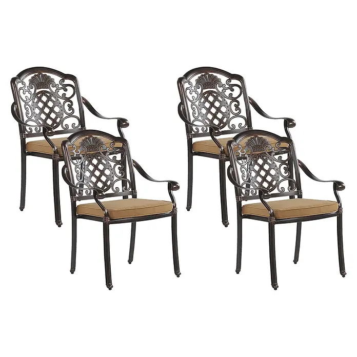 8er-Set Gartenstuhl SALENTO in Braun/Beige -  - Vier dunkelbronzefarbene Gartenstühle aus Aluminiumguss mit verschnörkelter Rückenlehne und bequemen beigefarbenen Polstern.