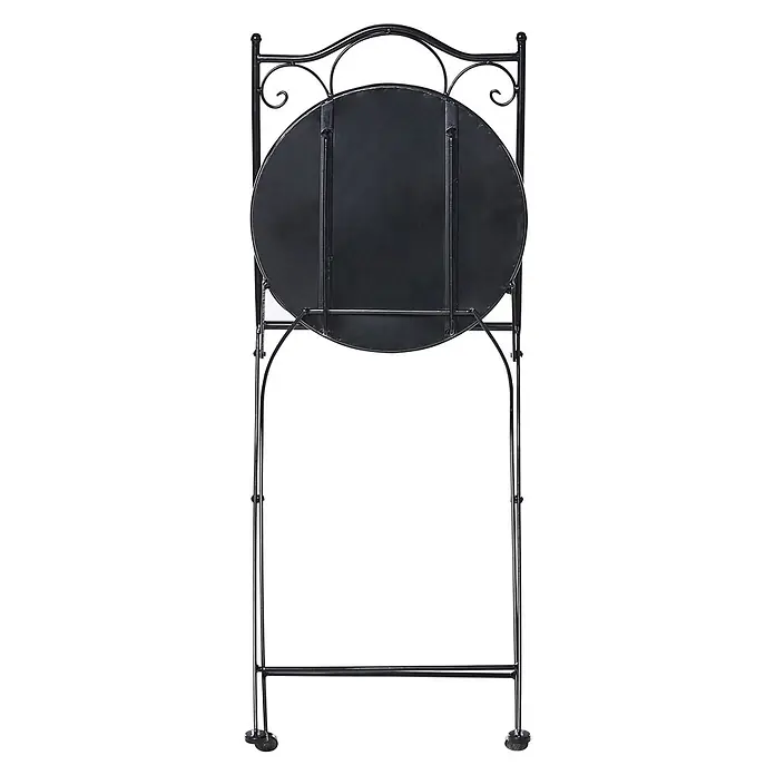 2er-Set Gartenstuhl CARONA in Schwarz/Weiß -  - Schwarzer Klapp-Bistrotisch aus Metall mit runder Platte und Zierschnörkeln, in aufrechter Position zur Aufbewahrung gezeigt.