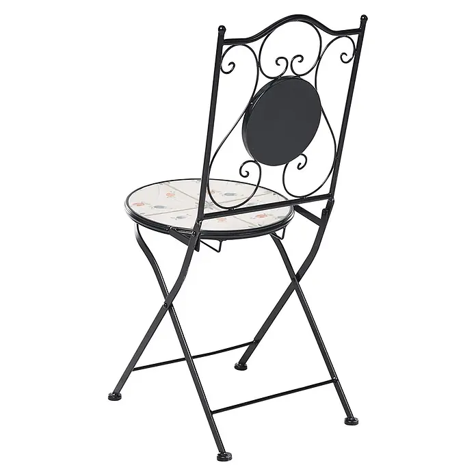 2er-Set Gartenstuhl CARONA in Schwarz/Weiß -  - Klappstuhl aus schwarzem Metall mit kunstvoll geschwungener Rückenlehne und runder, floral gemusterter Fliesensitzfläche.